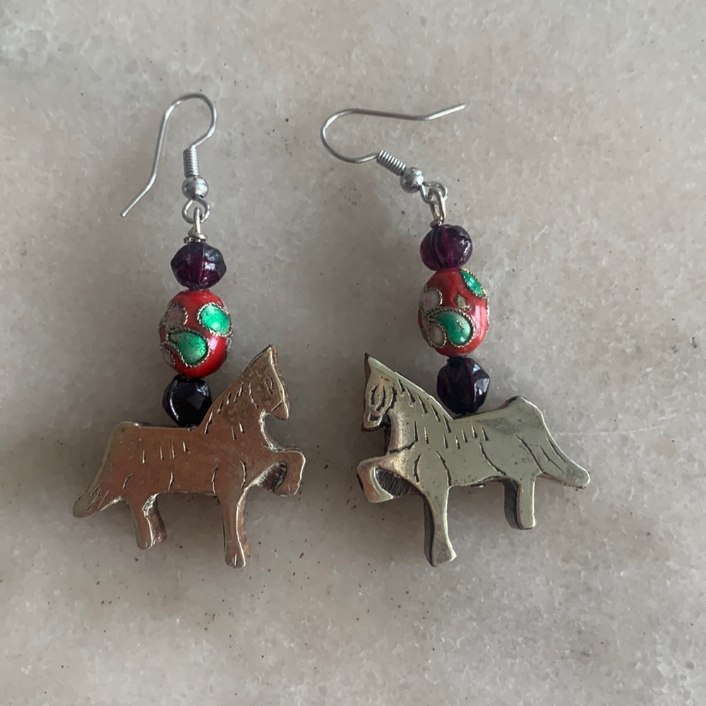Hand made cloissone and garnet gold horse earrings